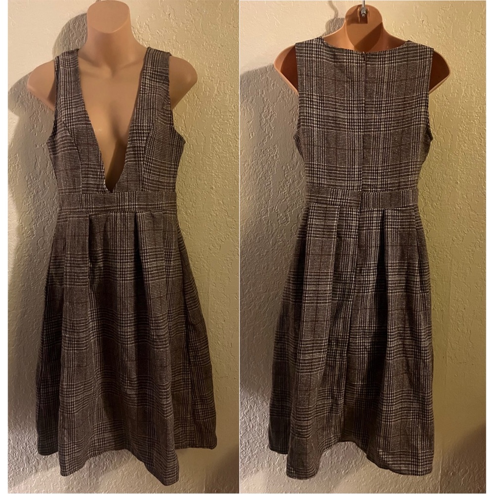Brown Plaid Lowcut Dress